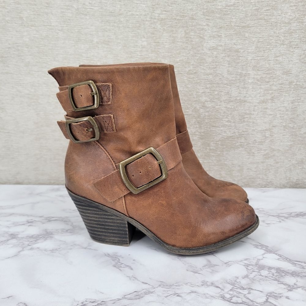 Lucky Brand Tommie Women's Brown Leather Ankle Boots with Buckle Detail